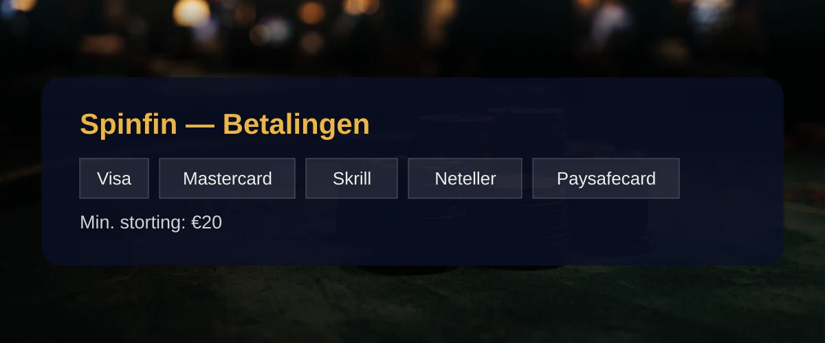 Spinfin — Betalingen: Visa, Mastercard, Skrill, Neteller, Paysafecard