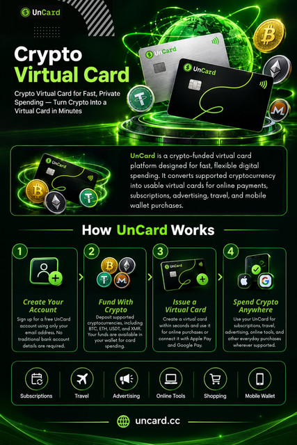 A crypto virtual card offers another route. It can connect crypto-funded balances with ordinary card payments, giving users a way to handle online expenses without depending on a traditional bank card for every purchase.

Read Our Blogs:
https://uncardcc.wordpress.com/
https://uncardcc.tumblr.com/
https://uncardcc.wixsite.com/uncard/

More Links:
https://bio.site/uncard
https://dzone.com/users/5591267/uncardcc.html
https://uncardcc.livejournal.com/profile/