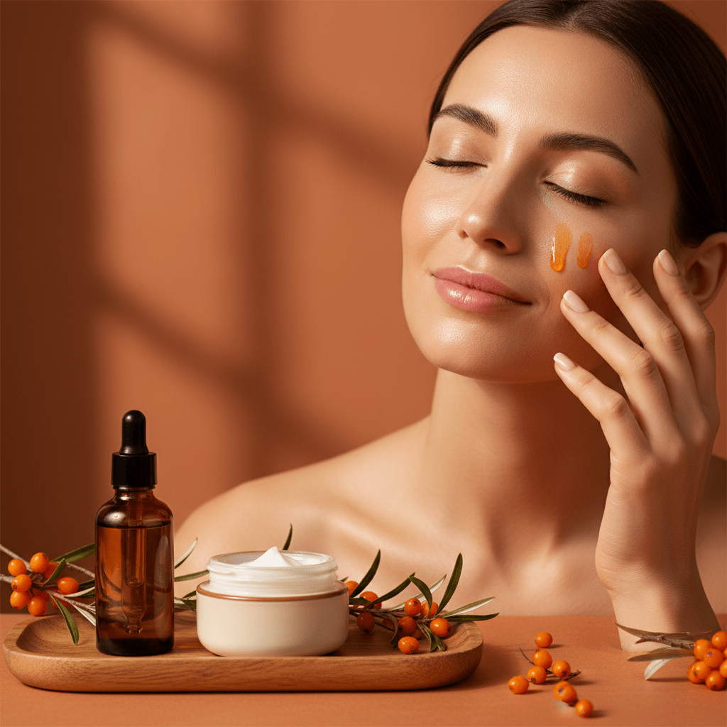 Healthy skincare routine with sea buckthorn oil and amber bottle
