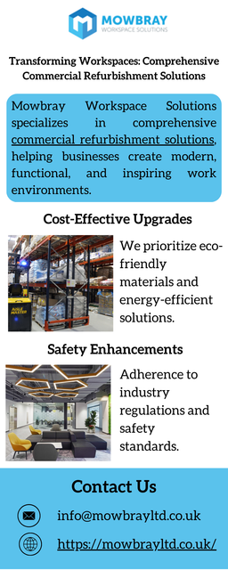 Mowbray Workspace Solutions specializes in comprehensive commercial refurbishment solutions, helping businesses create modern, functional, and inspiring work environments.
https://mowbrayltd.co.uk/services/office-refurbishment/