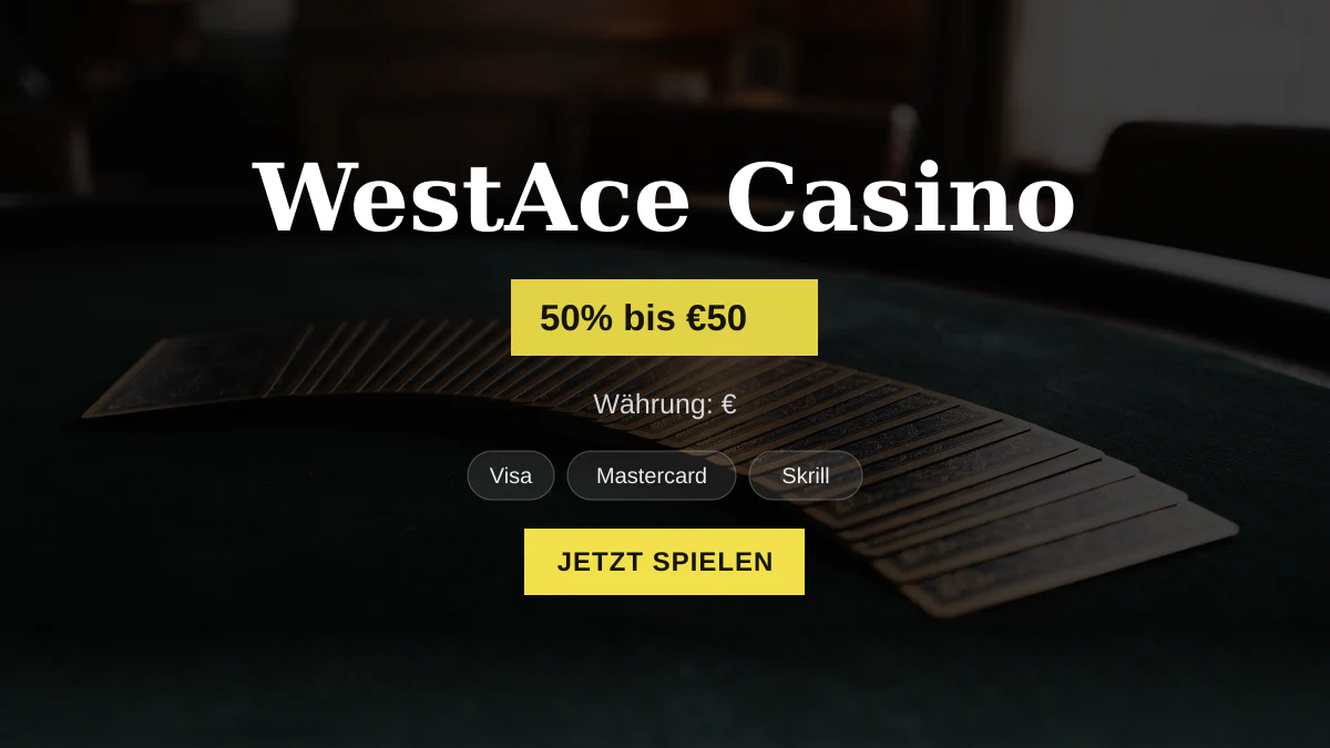 WestAce Casino � Willkommensbonus 50% bis �50 + 50 FS, Zahlungen: Visa, Mastercard, Skrill, Neteller, Paysafecard