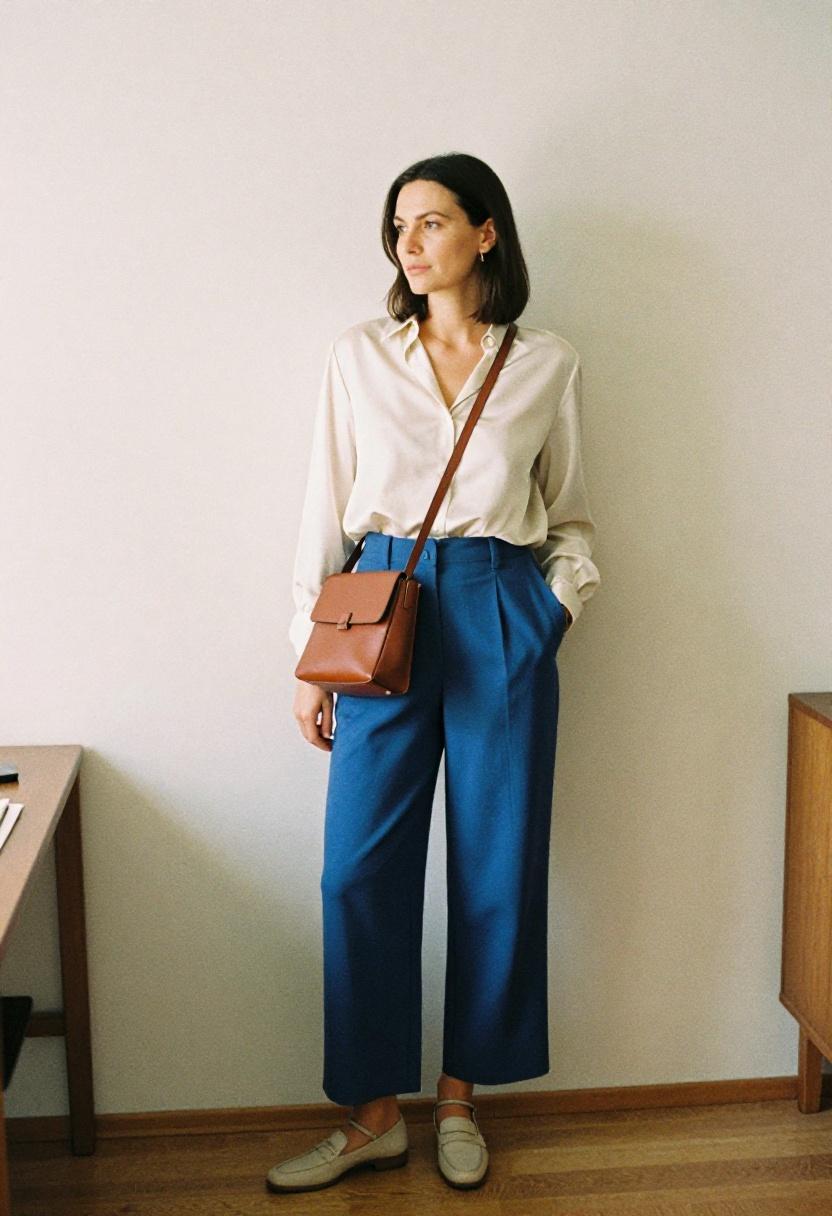 Woman in cobalt blue wide-leg trousers with cognac crossbody bag in home office setting showing polished hands-free dressing