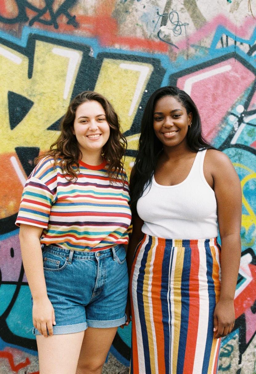 Two friends in complementary striped separates on the street