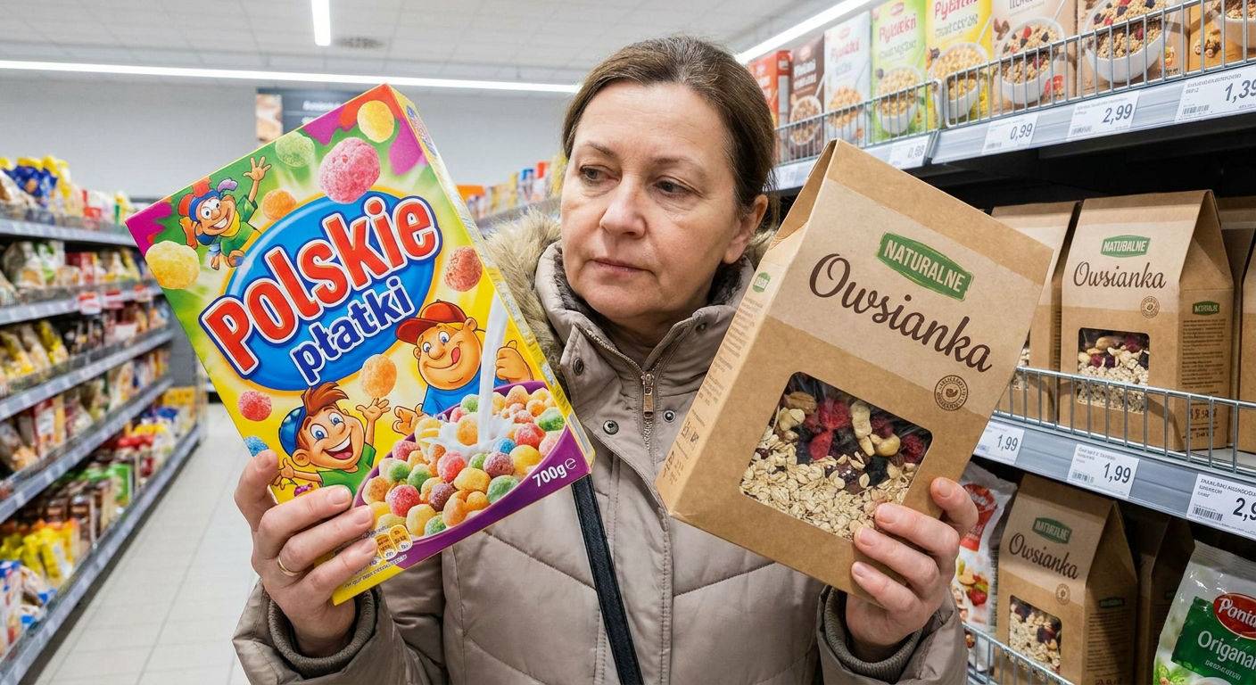 Klient porownujacy platki sniadaniowe w sklepie.