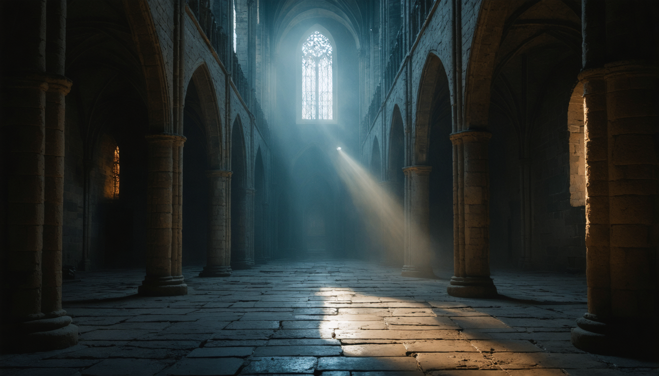 An empty cathedral interior at dusk, dust suspended in a single shaft of light falling on bare stone floor.