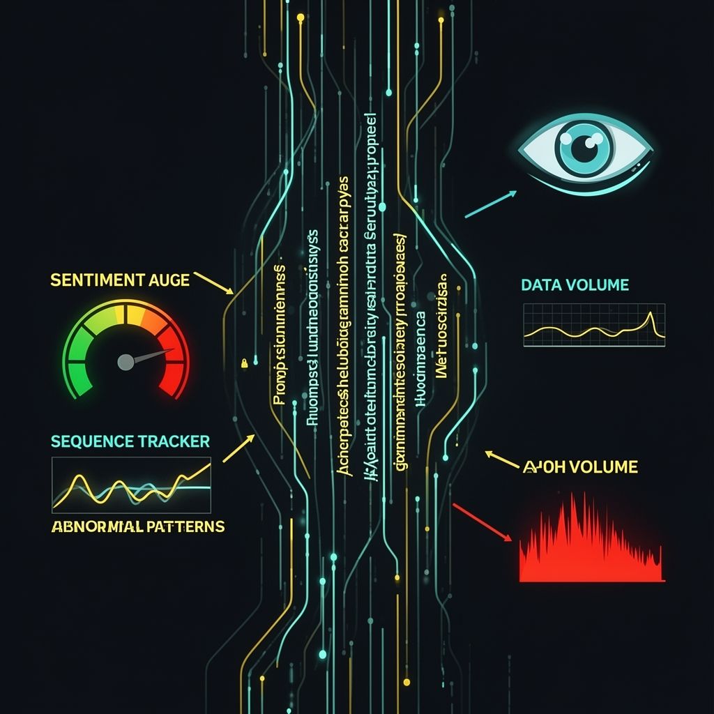 Abstract illustration of runtime monitoring for AI agent security analyzing prompts, sequences, and data flow