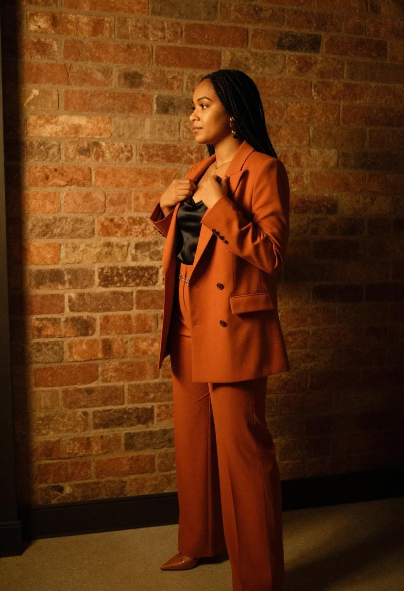 Burnt orange power suit set styled with a satin camisole for a polished and daring date night with attitude