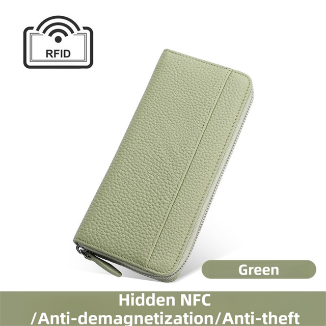 Green Genuine Leather Women's Long Wallet with RFID Blocking & Hidden NFC - Large Capacity Phone Purse with 180° Zipper Closure, 18 Card Slots, Coin/Cash Pockets and for Daily Travel Use