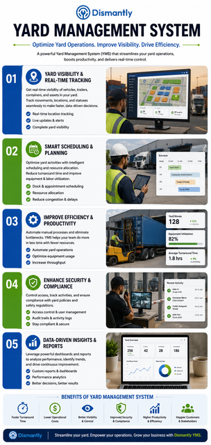 Improve logistics efficiency with Dismantly’s advanced Yard Management System designed for warehouses, transport hubs, salvage yards, and distribution centers. This powerful solution helps businesses streamline yard operations, monitor vehicle movement, optimize dock scheduling, and gain real-time visibility across assets and inventory. The infographic highlights key benefits including faster turnaround times, improved productivity, enhanced security, reduced operational costs, and data-driven decision-making. With automated tracking, smart scheduling, and centralized control, Dismantly YMS helps businesses eliminate delays and maximize operational performance. Discover how modern yard management technology can transform daily operations and support scalable business growth efficiently.

For more information visit our site :https://www.dismantly.ai/