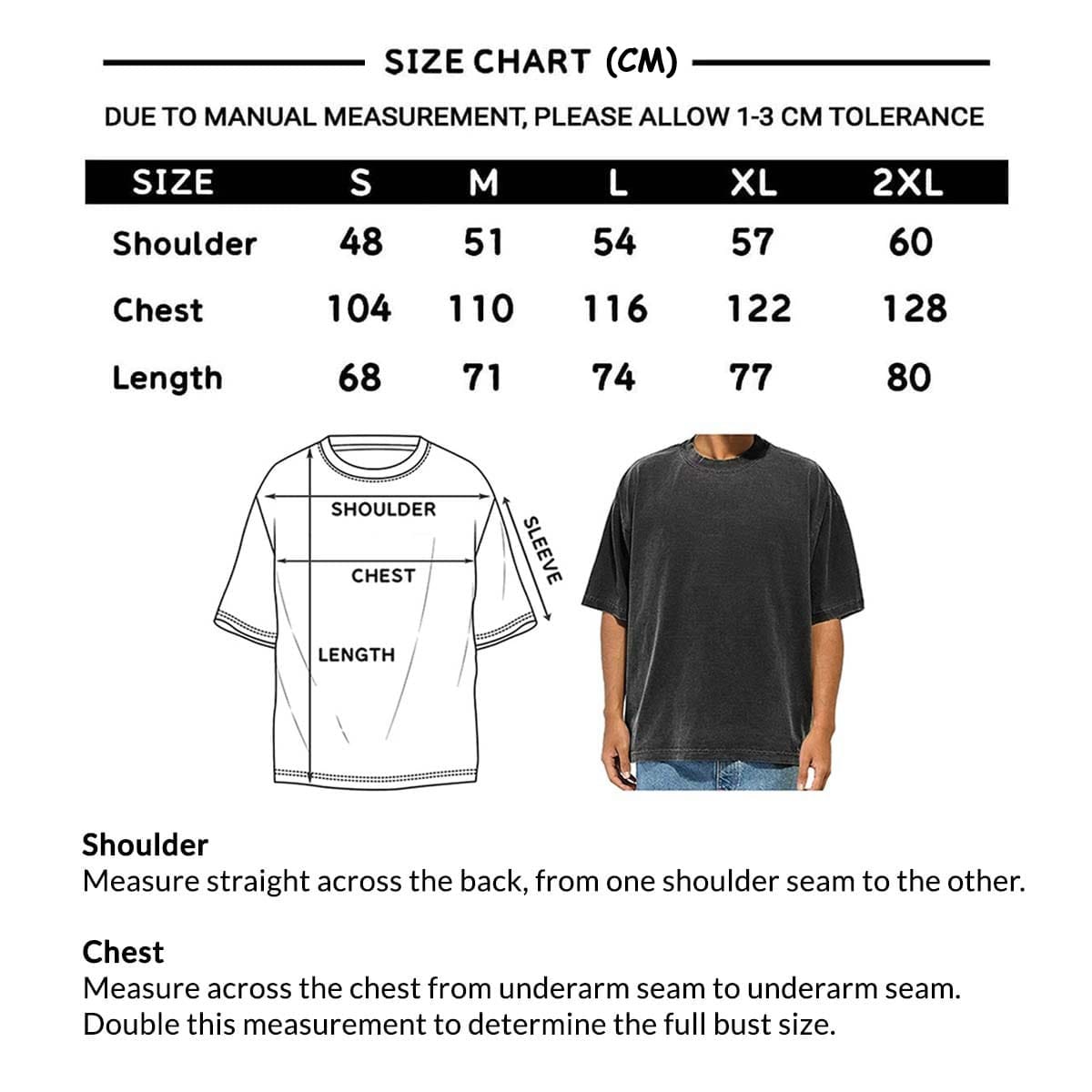 Garment size chart in centimetres