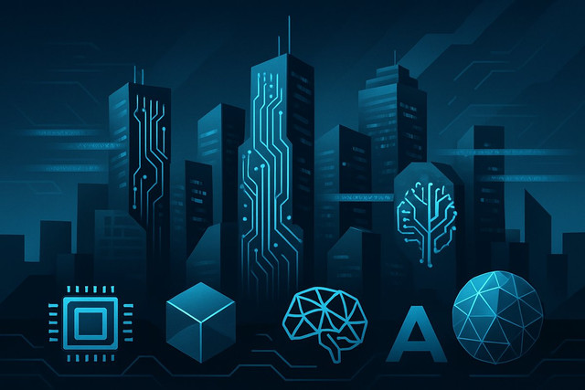 Futuristic cityscape with glowing circuits on skyscrapers, holographic data streams, and abstract shapes in sleek blue and si