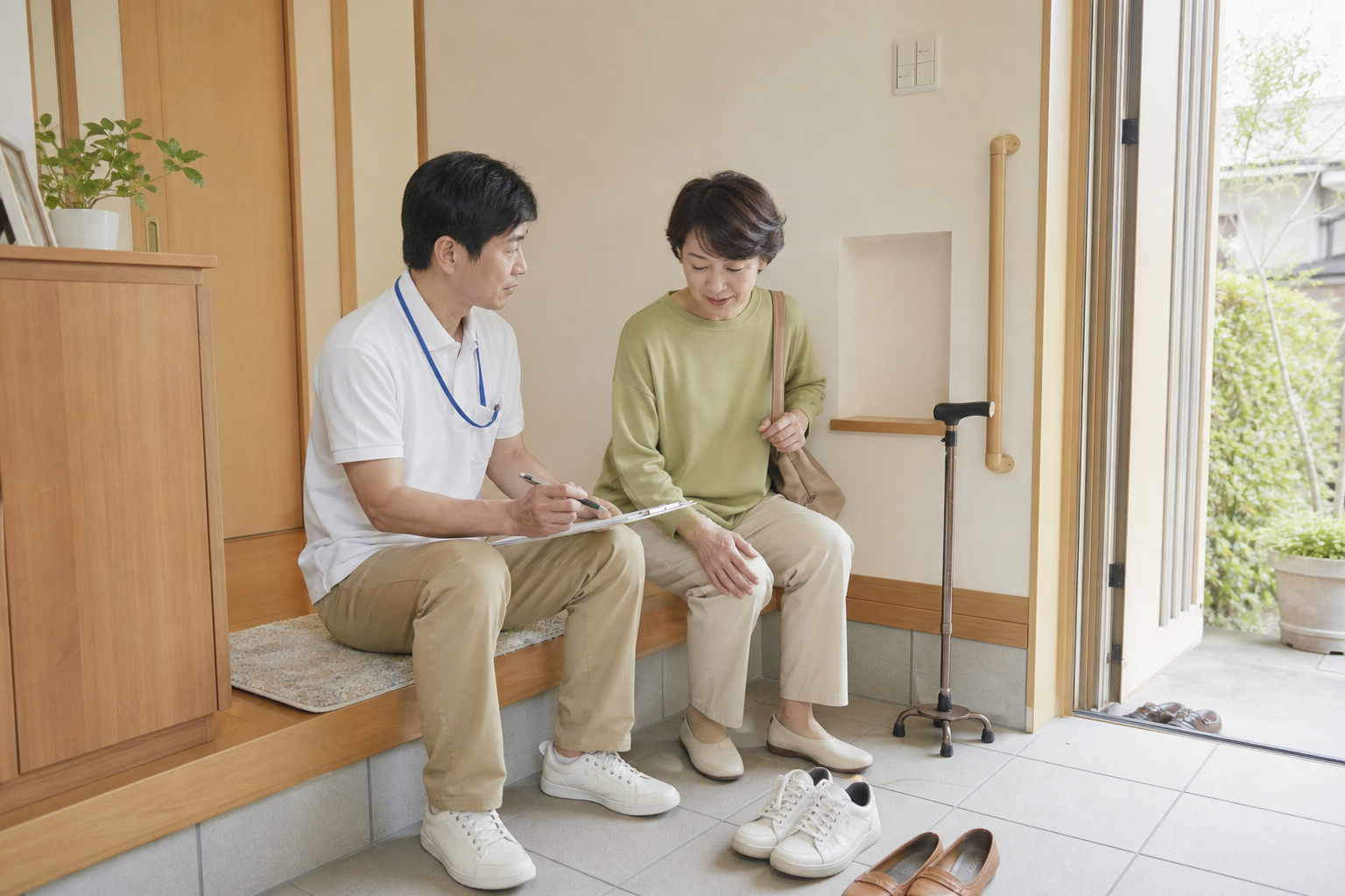 玄関で安全な外出再開について専門職と相談する様子