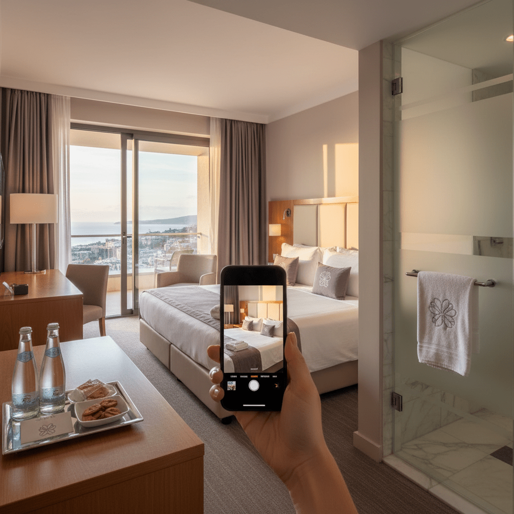 Hotel staff and a guest filming a bright modern room tour with balcony view