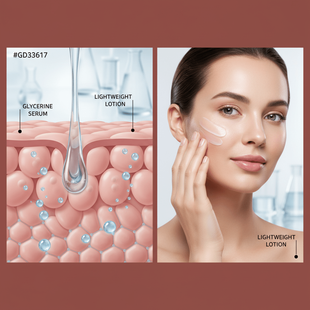 Hydrated skin barrier concept with glycerine serum and lightweight lotion in a clean clinical studio setting