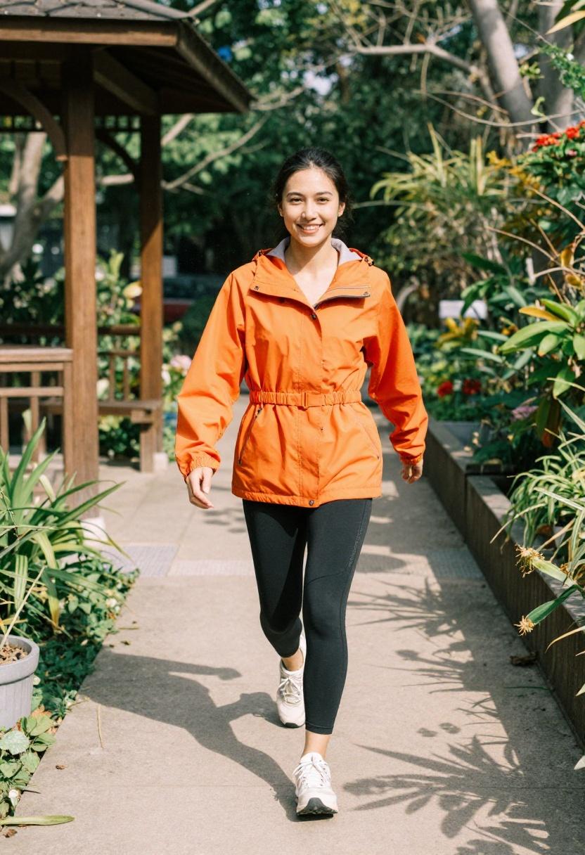 Woman in vivid tangerine anorak and technical leggings on a sunny spring hiking trail