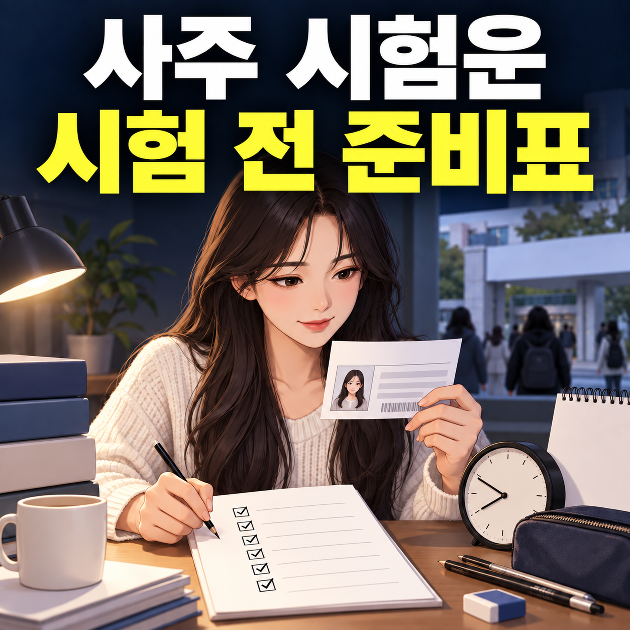 사주 시험운을 참고하며 원서접수·수험표·시험장 준비표를 확인하는 서윤사주 웹툰 여성 대표 이미지