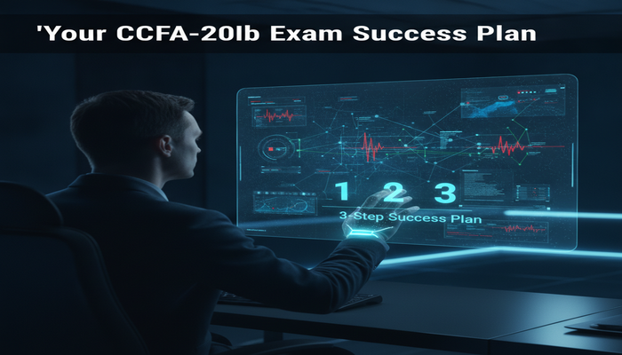 Your CCFA-200b Exam Success Plan A cybersecurity administrator analyzing a holographic display with dynamic, abstract data visualizations representing the CrowdStrike Falcon platform and a glowing '3-step success plan' graphic. The title 'Your CCFA-200b Exam Success Plan' is clearly visible in a modern sans-serif font.