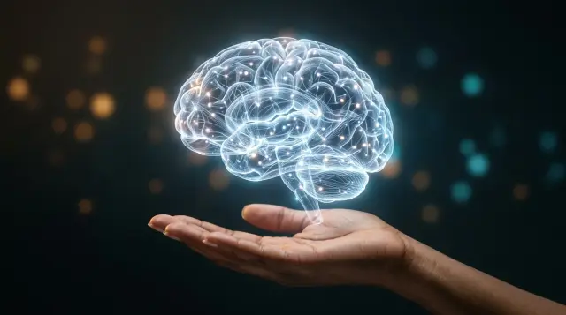 Glowing neural network brain hovering above an open human hand, futuristic and approachable mood