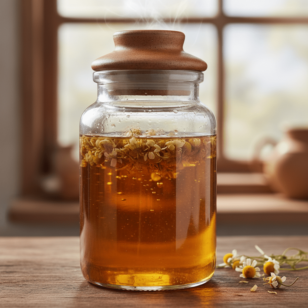 Close-up of chamomile flowers steeping in a covered glass jar for a stronger infusion