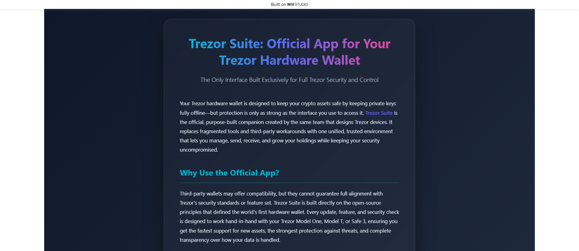 Forensic screenshot of homepage-trezxor.wixstudio.com showing the phishing page layout