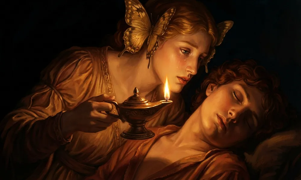 Psiquê iluminando Eros adormecido com uma lamparina