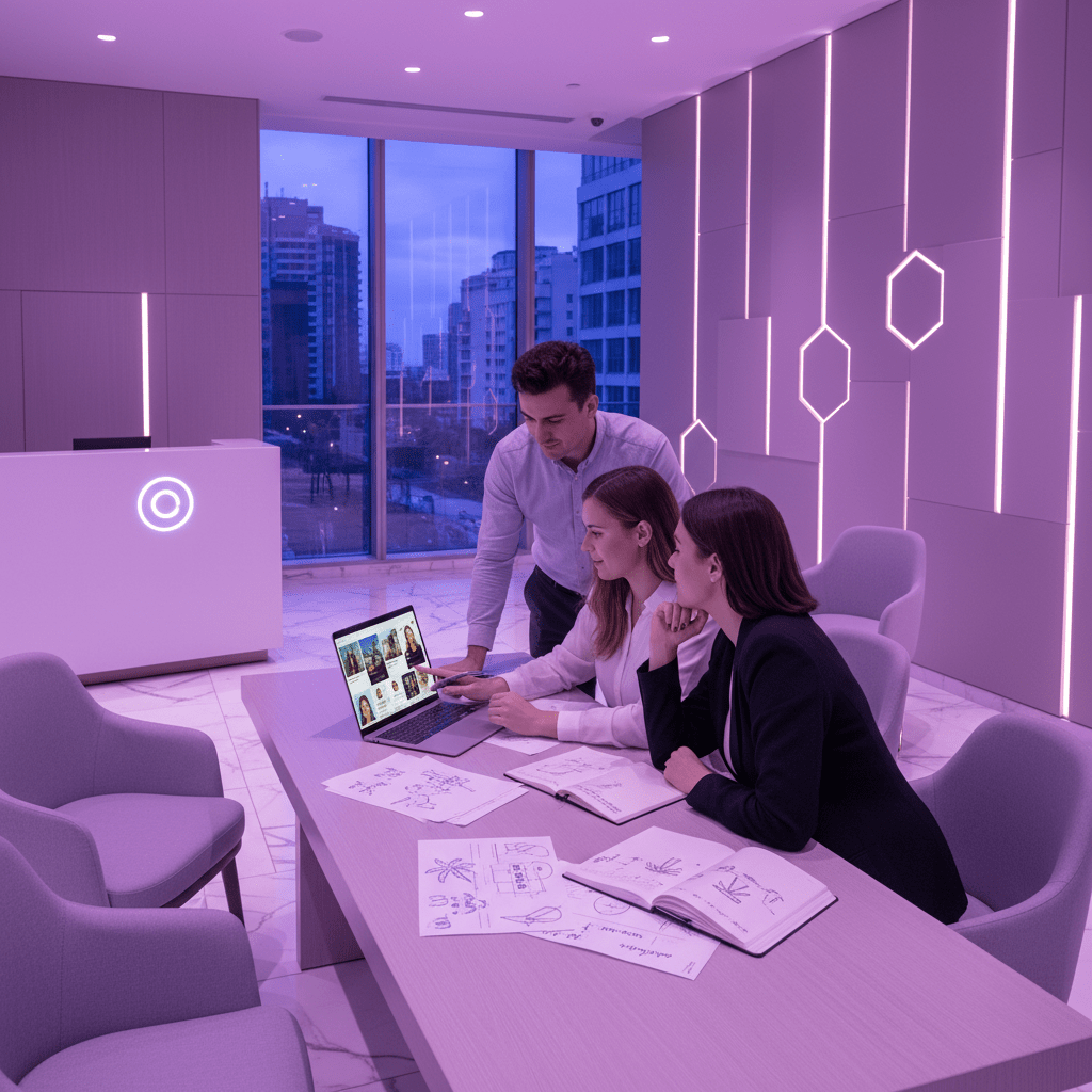 Hotel team planning influencer campaign on laptop in a modern lobby