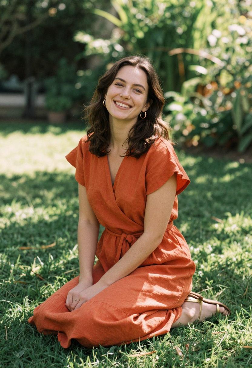 Terracotta orange linen wrap dress with gold sandals for a garden afternoon