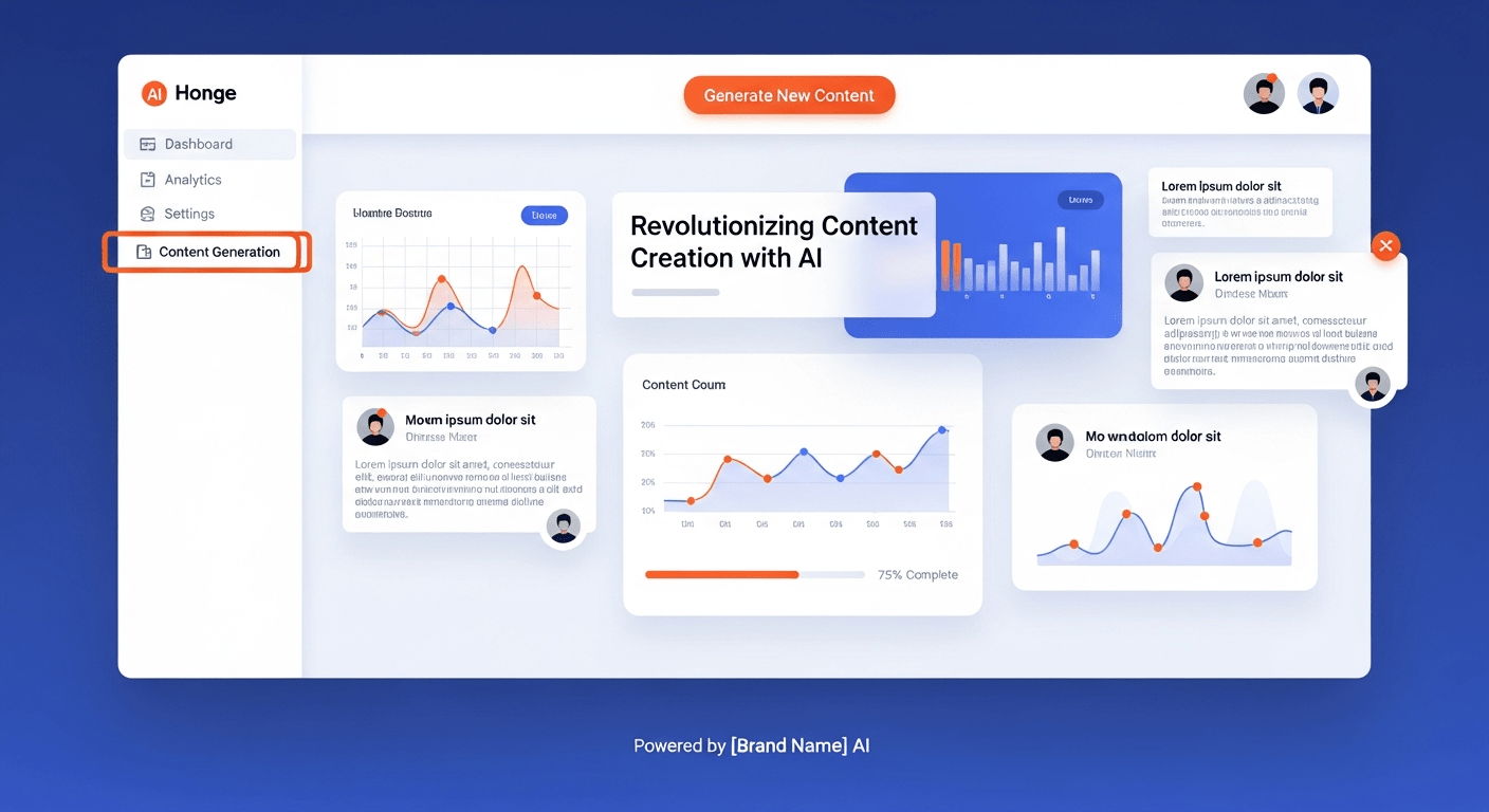 AI tool interface showing content generation and SEO analysis charts