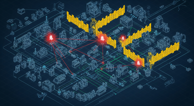 Map view of a smart factory with connected sensors under attack: highlighted compromised IoT nodes, firewall barriers, microsegmentation lines, isometric perspective, technical illustration style.
