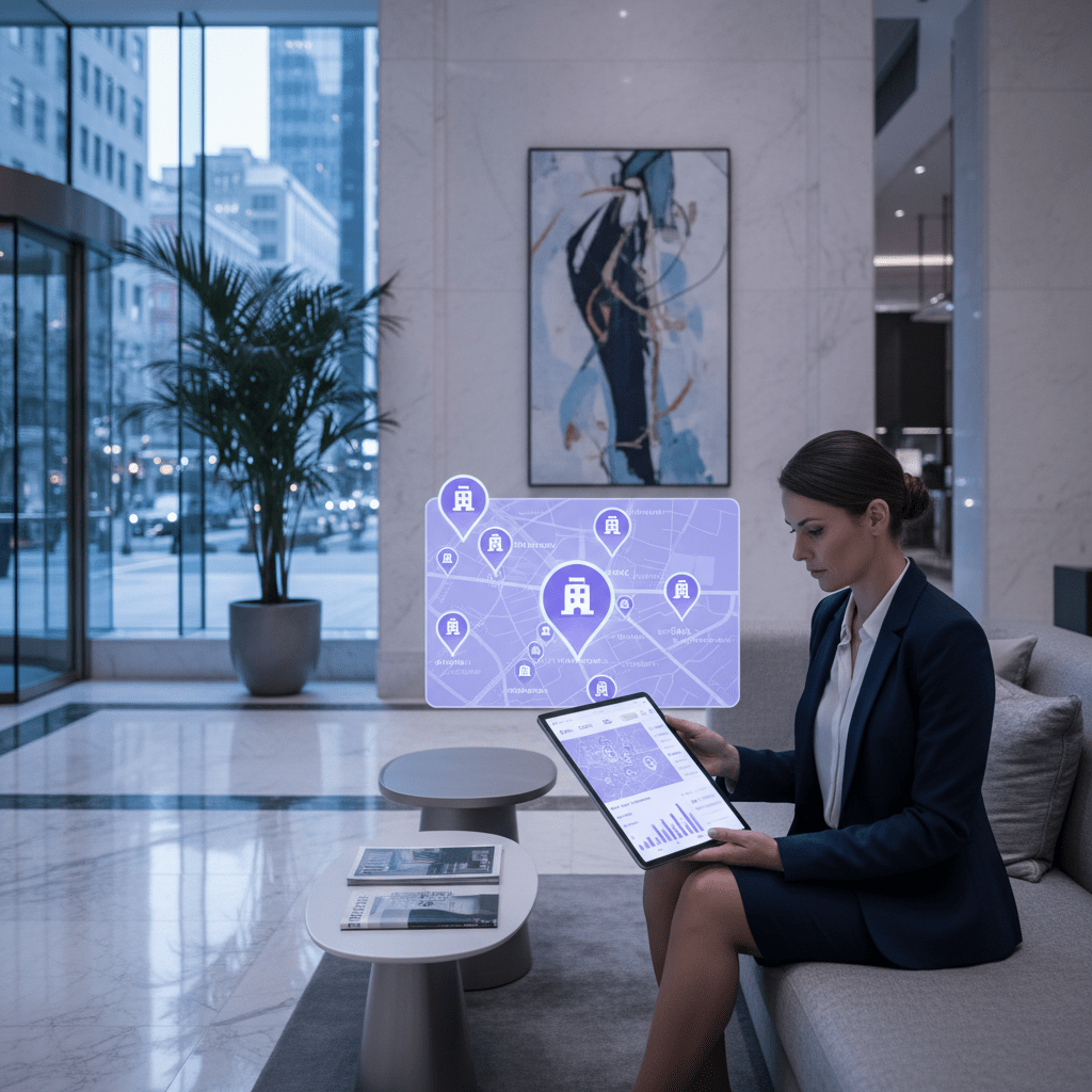Hotel manager reviewing local search map pack results on a tablet in a city lobby