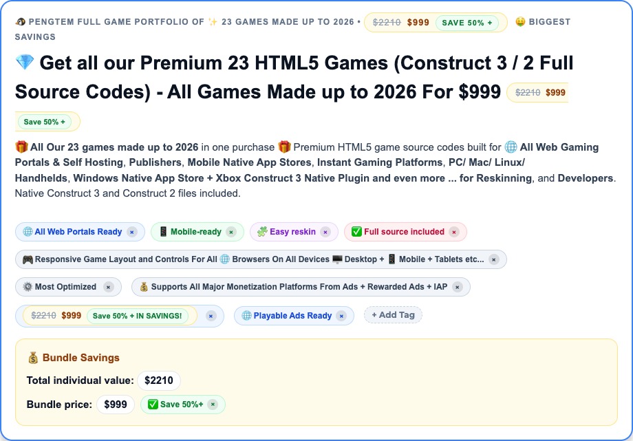 Mega Savings (-1000 USD) - 2025 Year End All Construct 3 + Construct 2 HTML5 Games Bundle