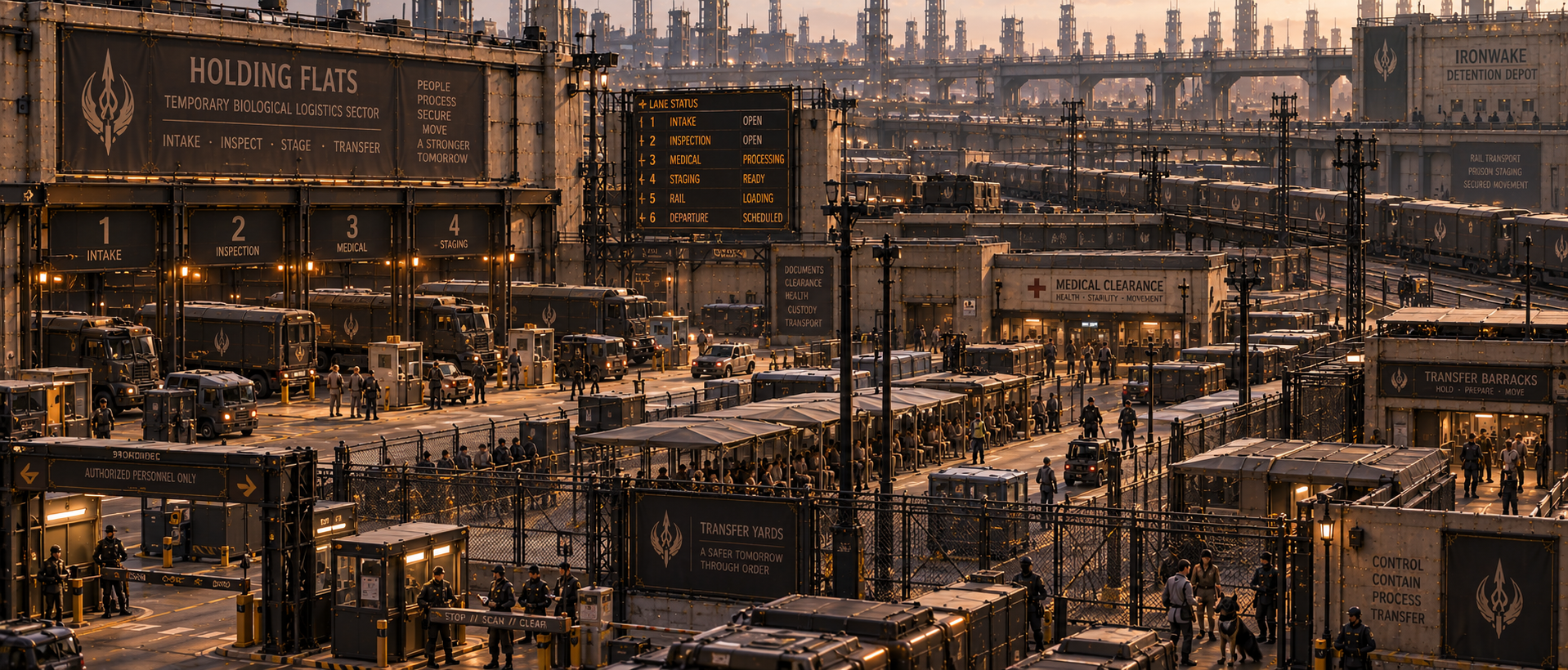Holding Flats transfer staging yard with numbered lanes, inspection facilities, medical clearance and secured transport.