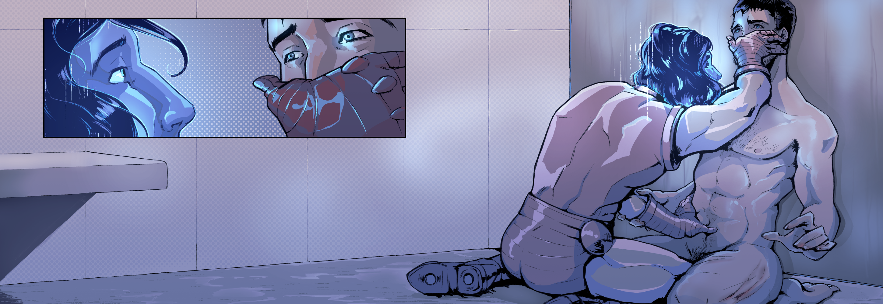 AI tony in the shower with naked tony, one gauntlet over tony's mouth, one on his hip
