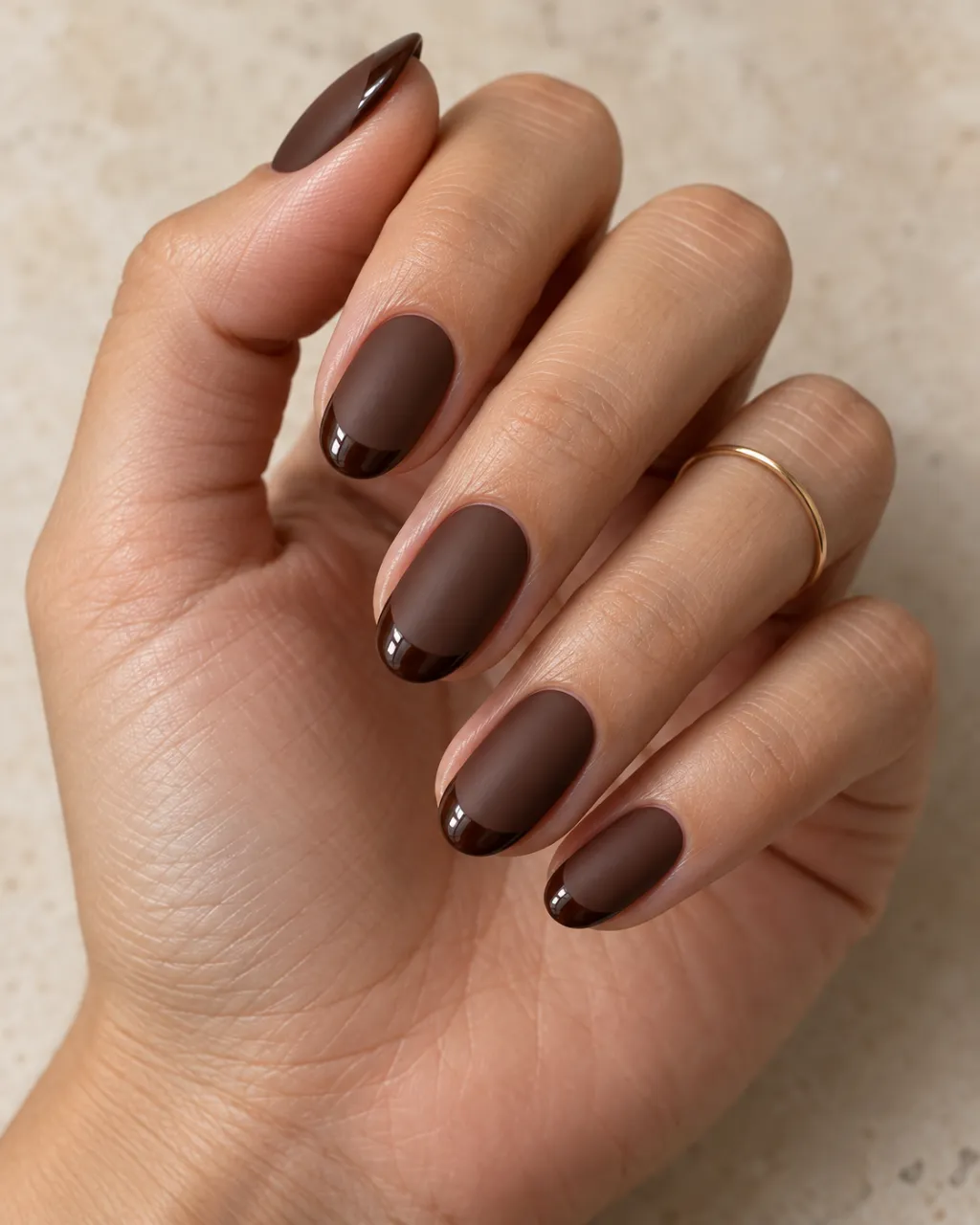 Chocolate Brown Matte + Gloss Tip manicure inspiration for chocolate brown nail ideas