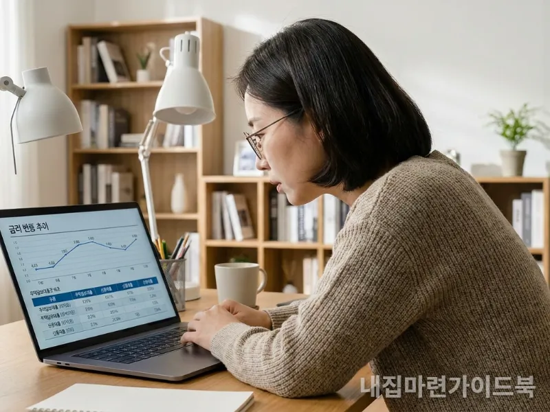 30대 한국인 여성이 노트북 화면에서 금리 차트와 대출 상품 정보를 확인하는 모습, 현대적인 서재 배경