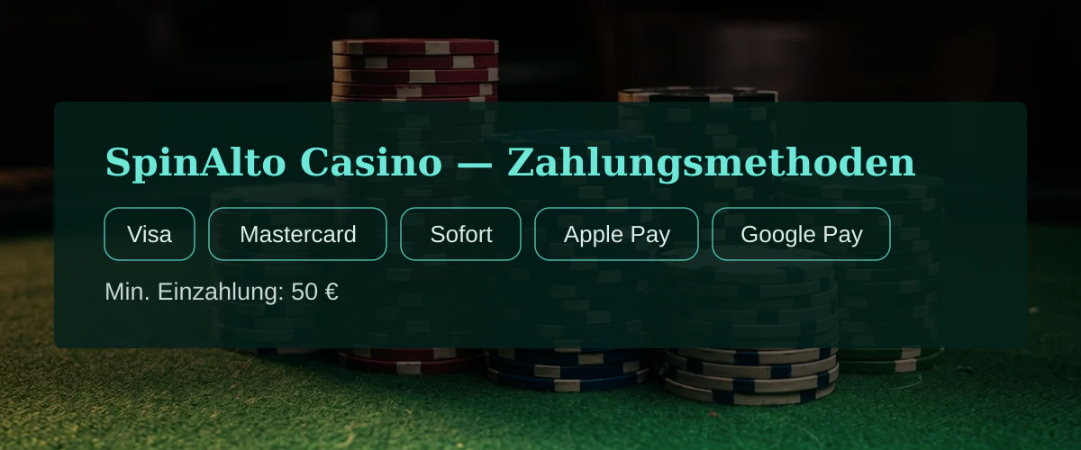 SpinAlto Casino — Zahlungsmethoden: Visa, Mastercard, Sofort, Apple Pay, Google Pay