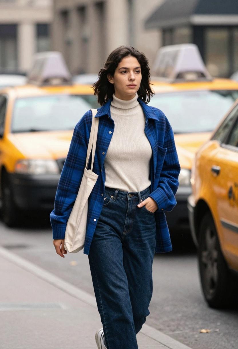 Cobalt plaid shacket over cream turtleneck and straight-leg jeans for city spring style