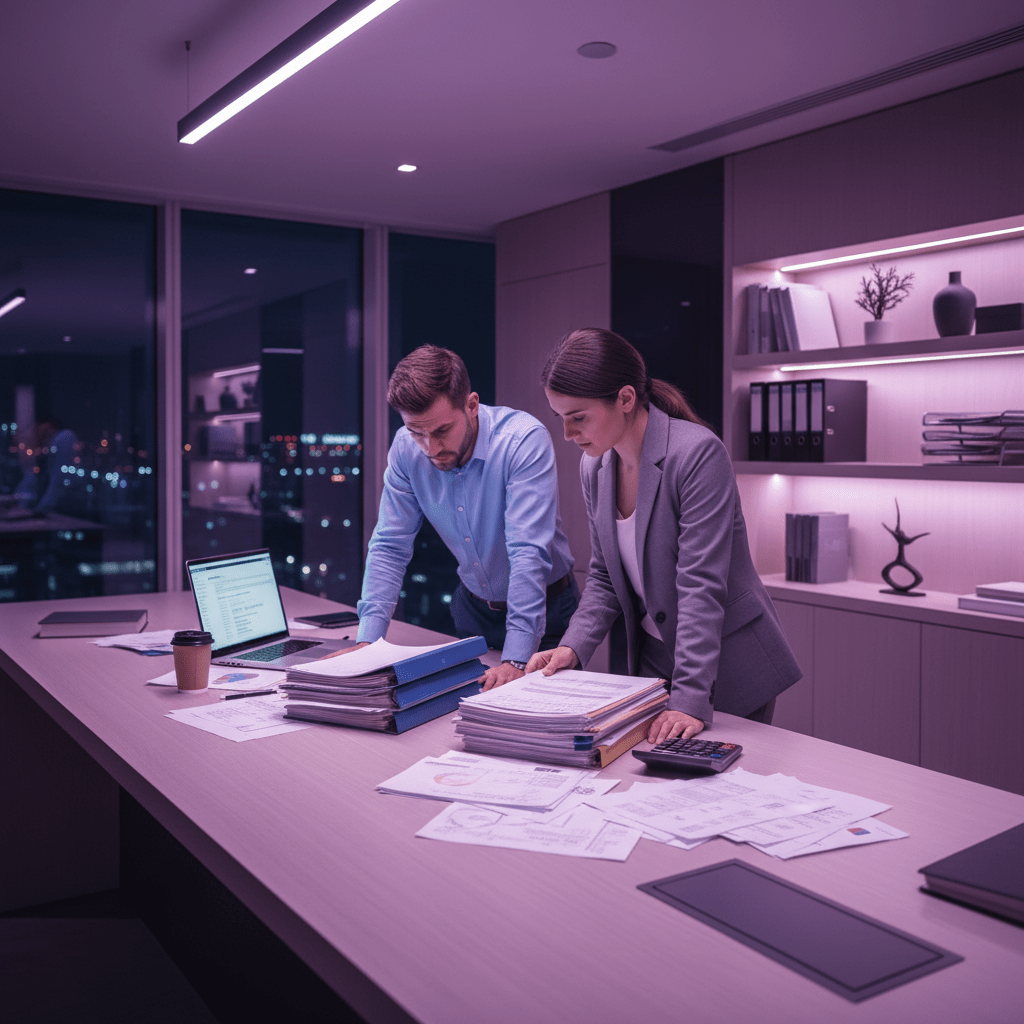Hotel finance team comparing mismatched reports at a desk