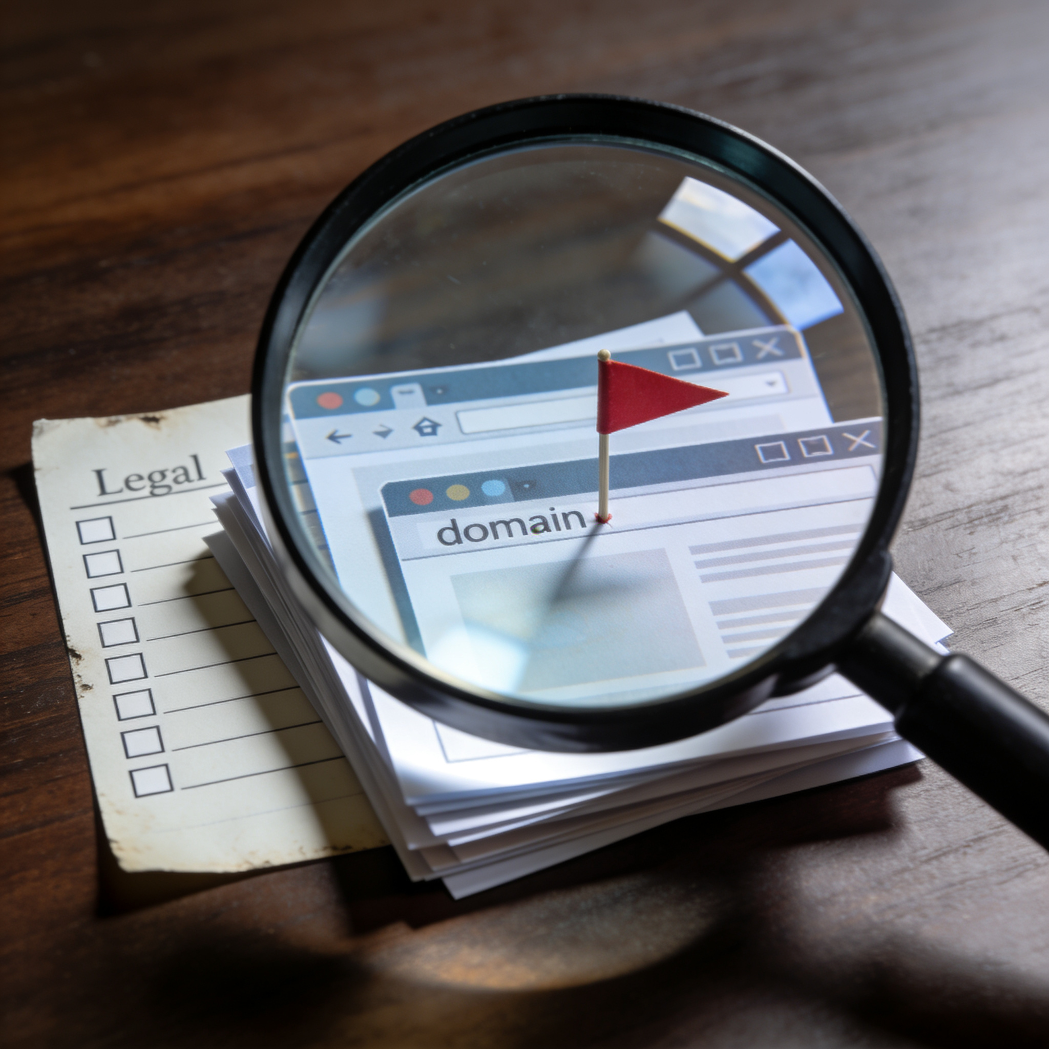 Close-up magnifying glass focusing on layered website printouts with a red flag.