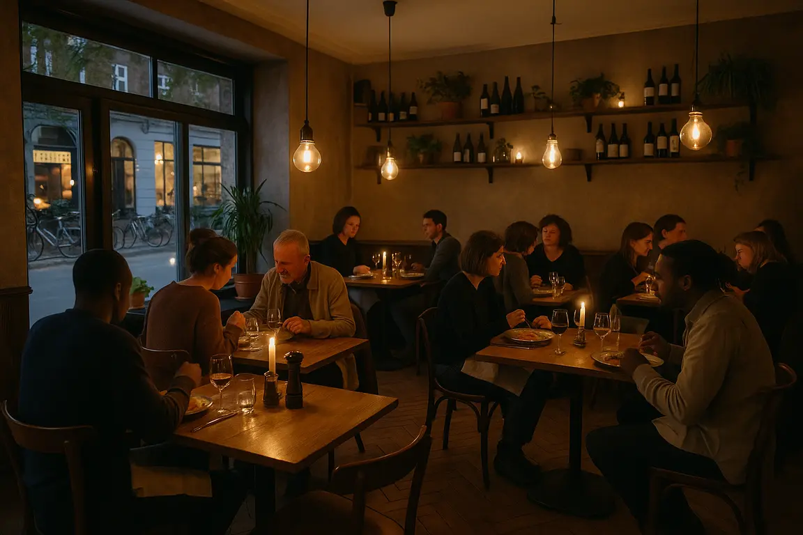 Et hyggeligt restaurantmiljø på Frederiksberg med mennesker, der nyder deres middag.