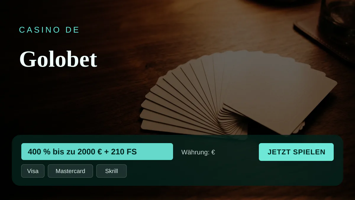 Golobet Casino — Willkommensbonus 400 % bis zu 2000 € + 210 FS, Zahlungen: Visa, Mastercard, Skrill, Neteller, Paysafecard