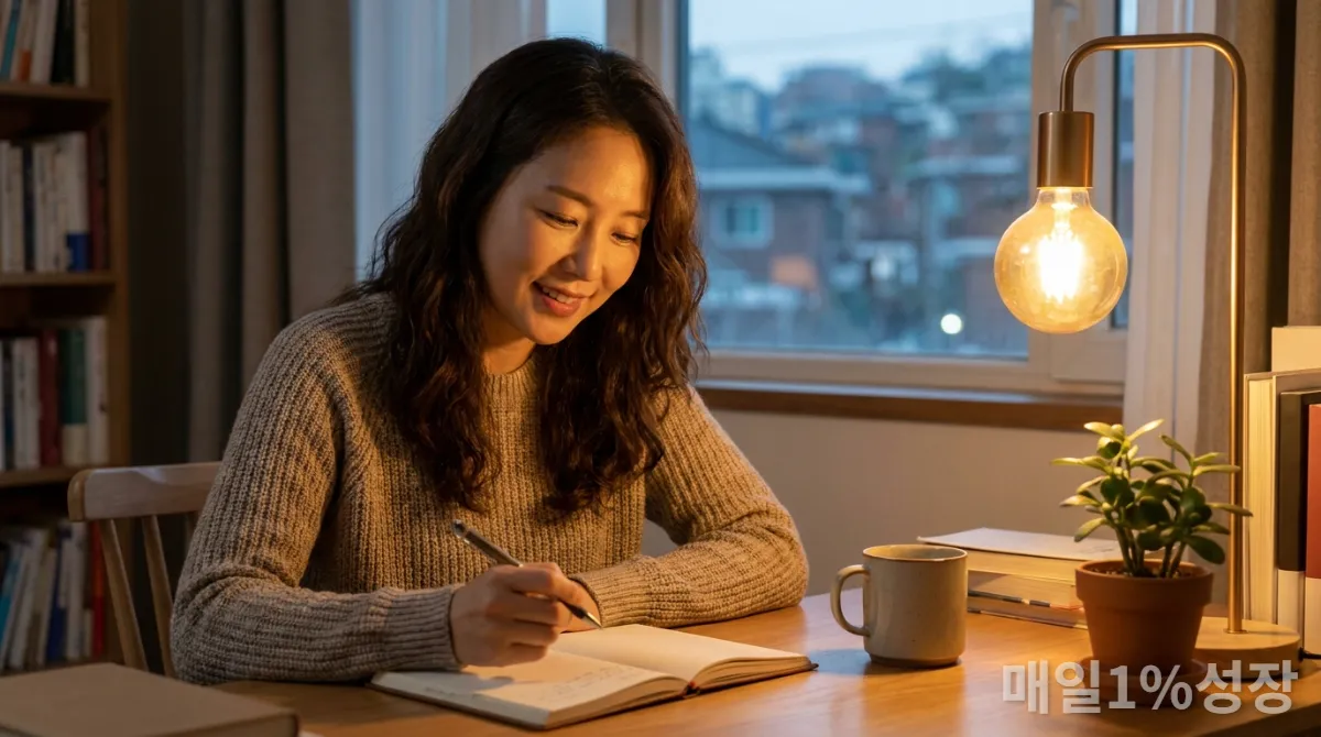 30대 한국인이 근처 램프에서 나오는 따뜻하고 아늑한 조명 아래에서 일기를 쓰며 부드럽게 미소 짓는 모습, 평화롭고 만족스러운 표정
