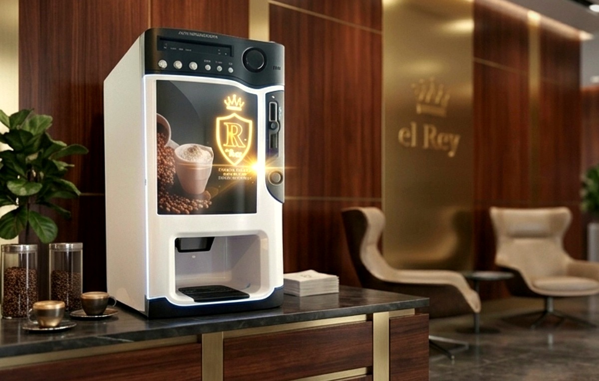 Expendedora El Rey en lobby corporativo - vista frontal