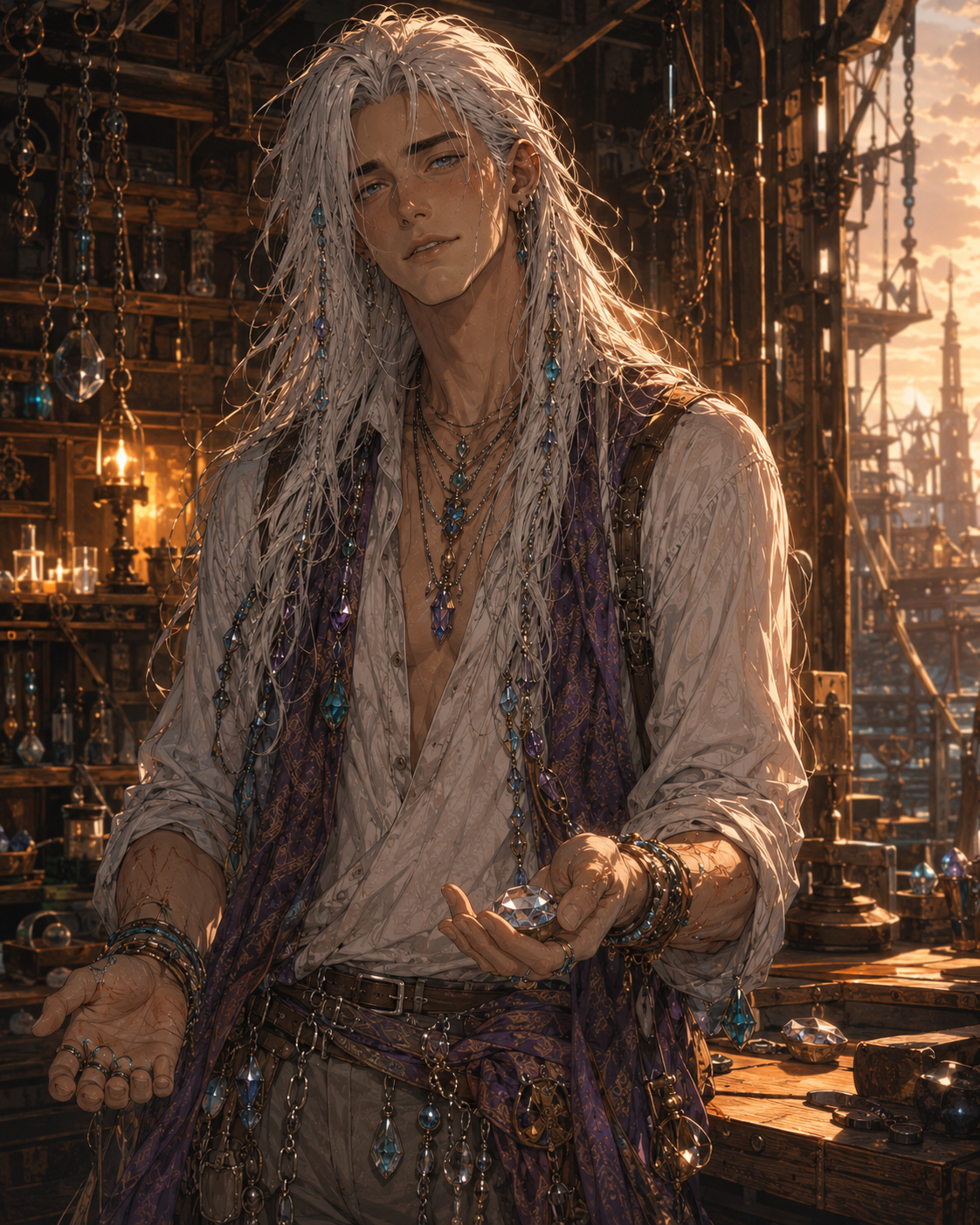 Adult Landon in the Workyards holding out a crystal in warm sunset light.