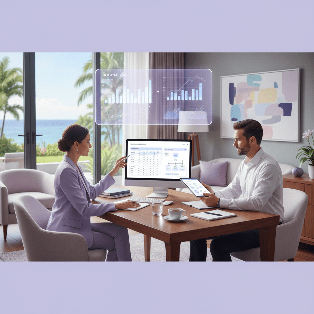 Finance and operations leaders reviewing payroll ROI and compliance dashboards in a resort office