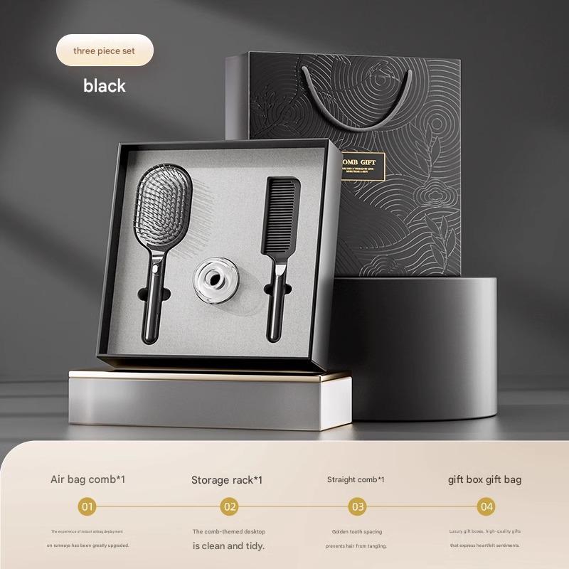 Black 3-Piece Gift Box Set Premium ABS Hair Care Gift Set with Cushion Paddle Brush, Detangling Comb, Cleaning Brush & Stand - Elegant Mother’s Day or Couple’s Gift for Daily Styling and Scalp Comfort