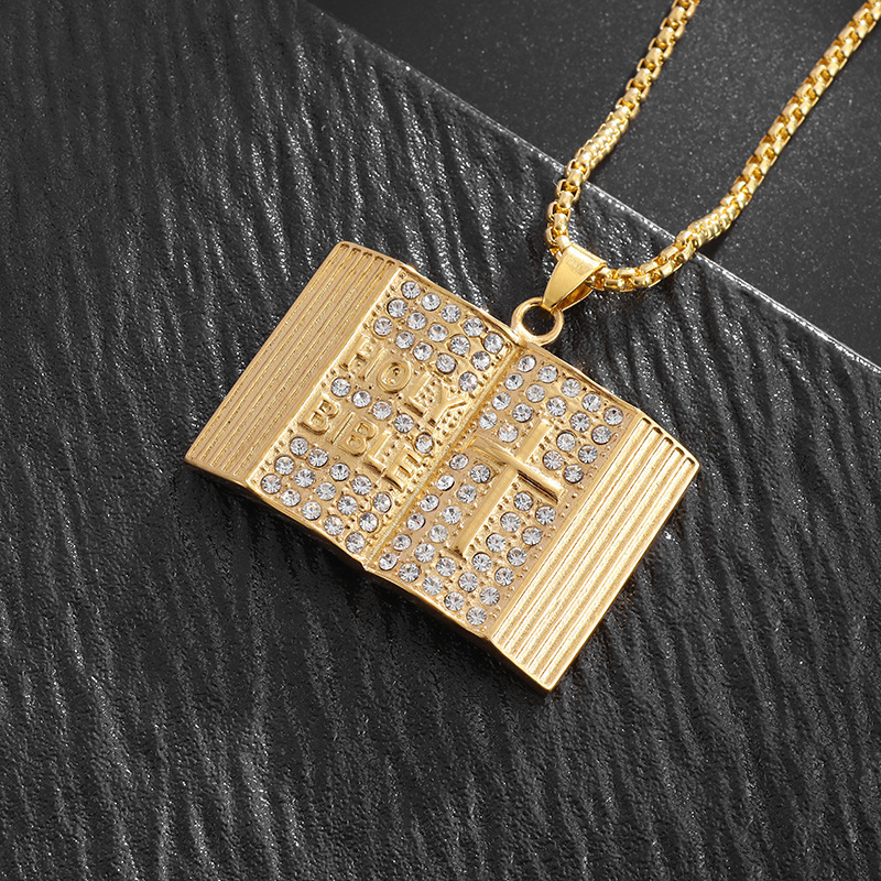 Aureate Vintage Holy Bible Book Pendant Necklace - Plated Alloy Cross Scripture Book Pendant with Crystal Rhinestones-Gift for Men and Women