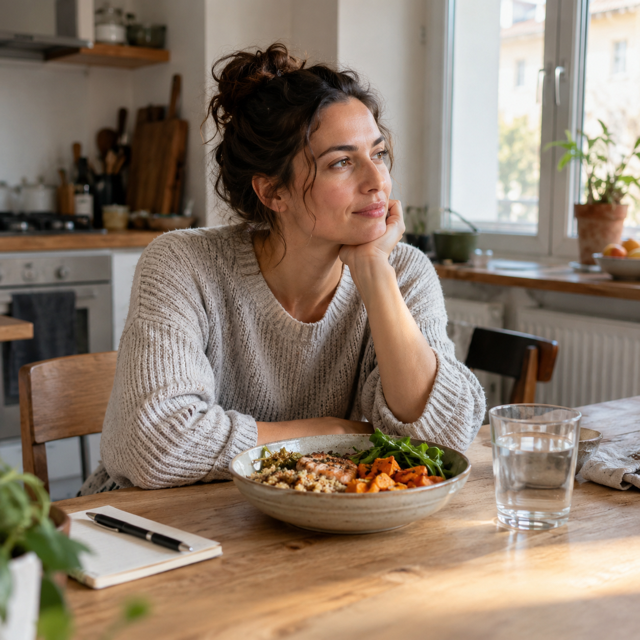 Femme mangeant un repas sain et équilibré, composé de légumes et de protéines, reflétant une approche alimentaire réfléchie pour le SMOP.