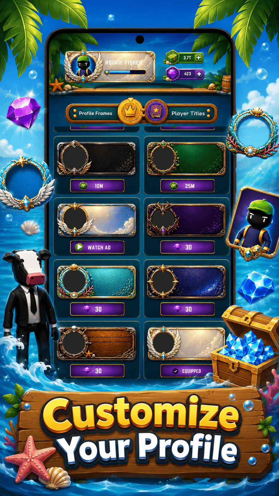 Ocean Tycoon profile customization screen