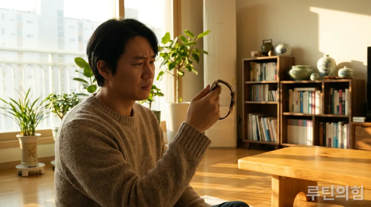 30대 한국인이 아늑한 거실에 들어오는 아침 햇살을 받으며 시계를 보며 생각에 잠긴 모습